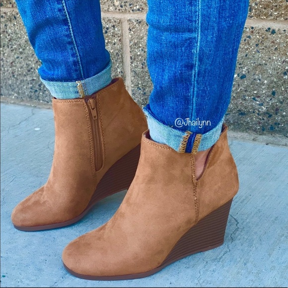 Soda Shoes - Tan ankle wedge bootie